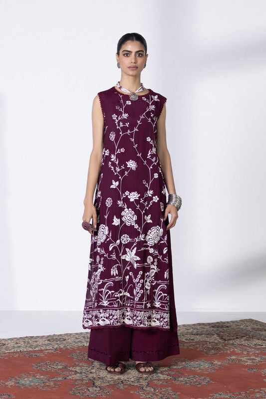 2 Piece - Embroidered Raw Silk Suit - Purple