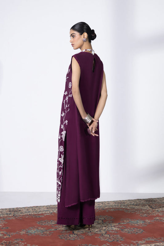 2 Piece - Embroidered Raw Silk Suit - Purple