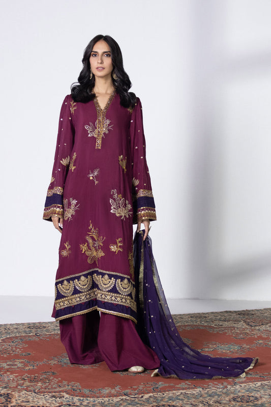 3 Piece - Embroidered Raw Silk Suit - Plum