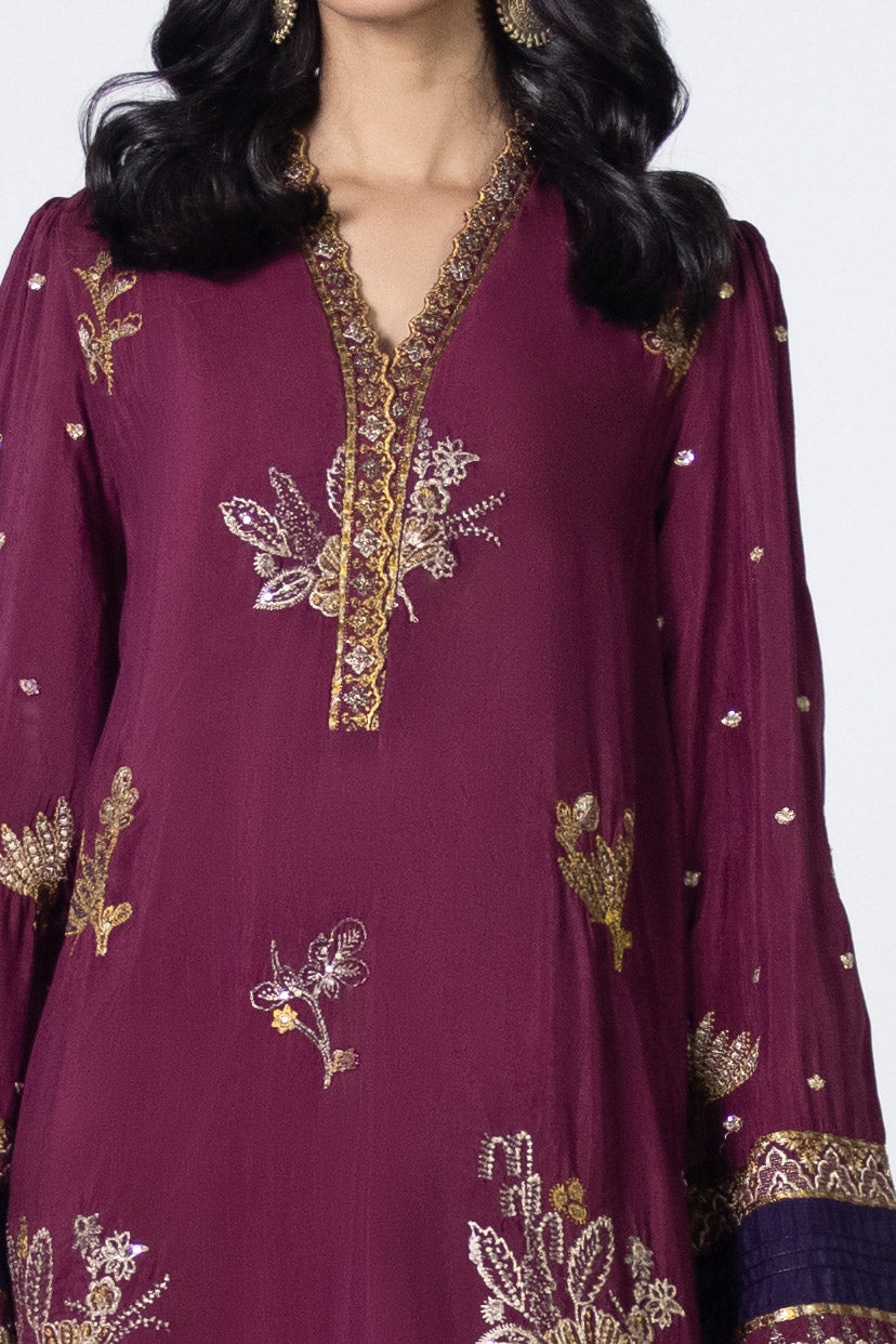 3 Piece - Embroidered Raw Silk Suit - Plum