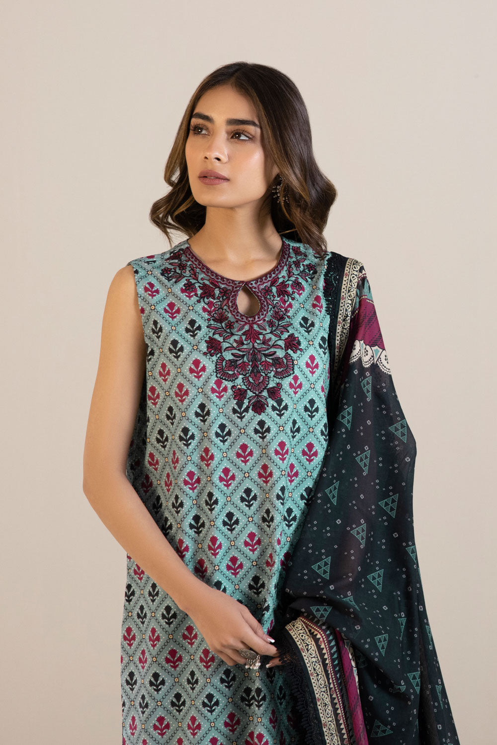 3 Piece - Embroidered Cambric Suit - Aqua