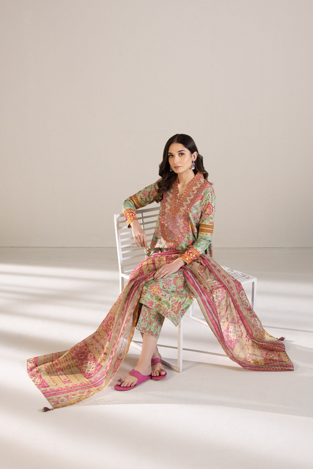 3 Piece - Embroidered Cambric Suit - Pistachio Green