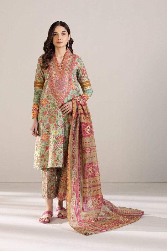 3 Piece - Embroidered Cambric Suit - Pistachio Green