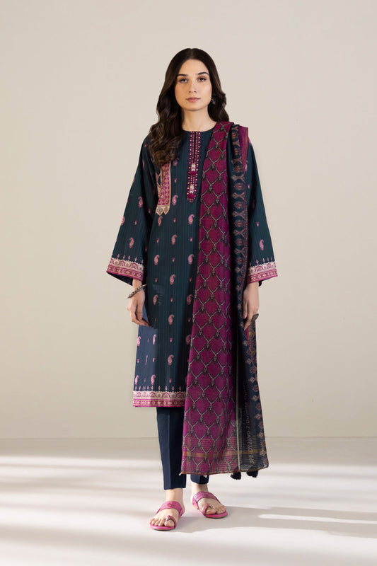 3 Piece - Embroidered Cambric Suit - Teal