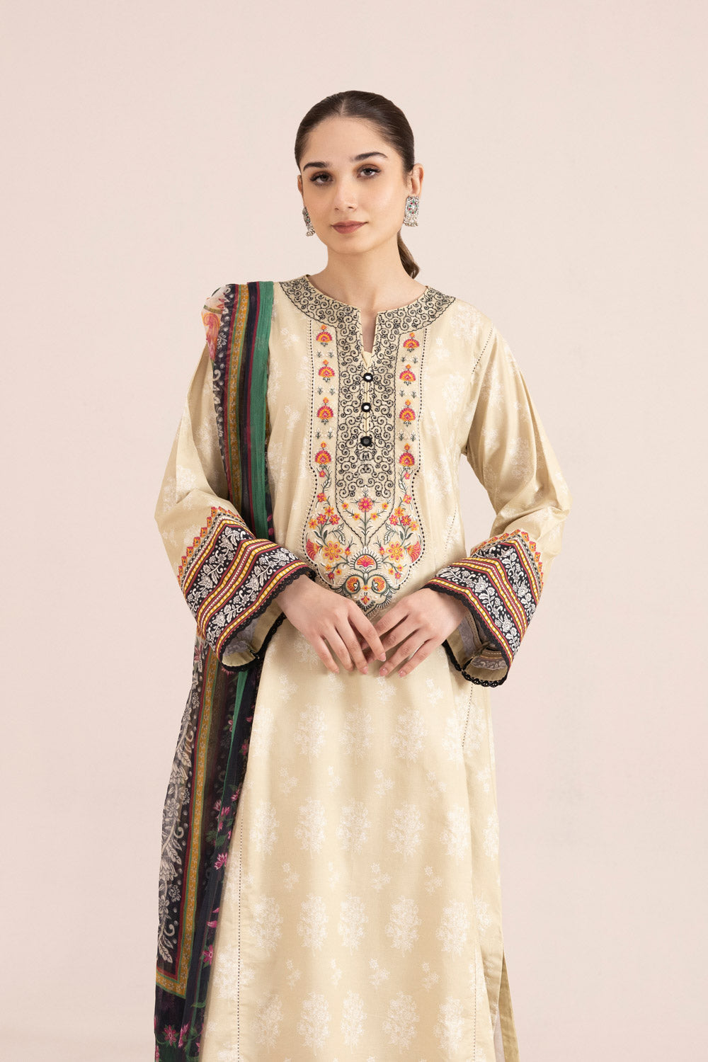 3 Piece - Embroidered Cambric Suit - Off White