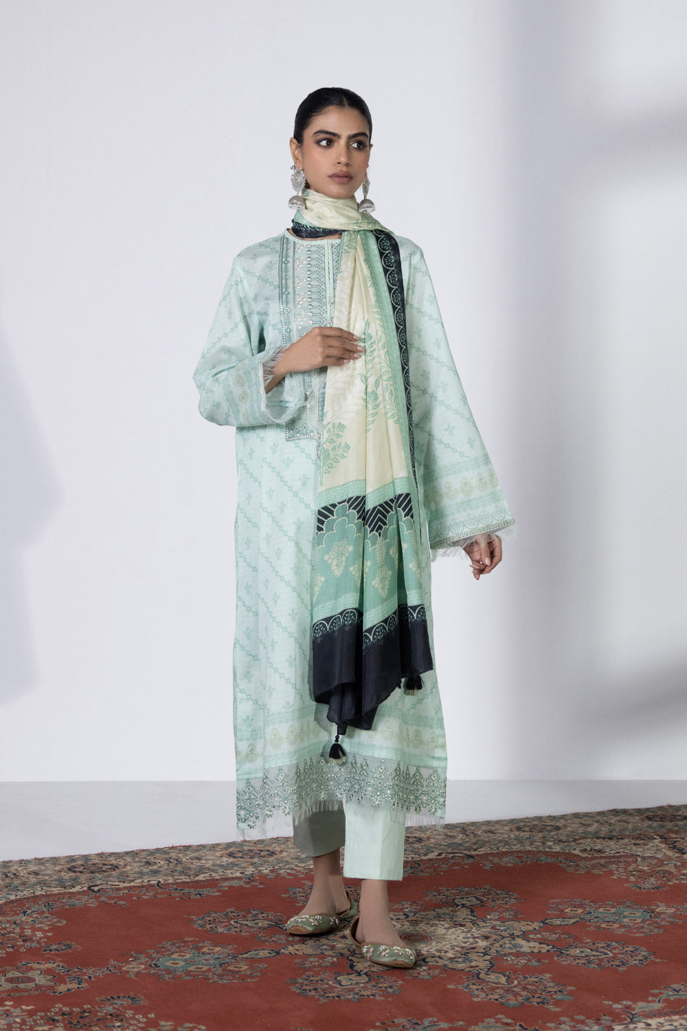 3 Piece - Embroidered Dobby Suit - Mint Green
