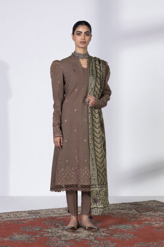 3 Piece - Embroidered Dobby Suit - Brown
