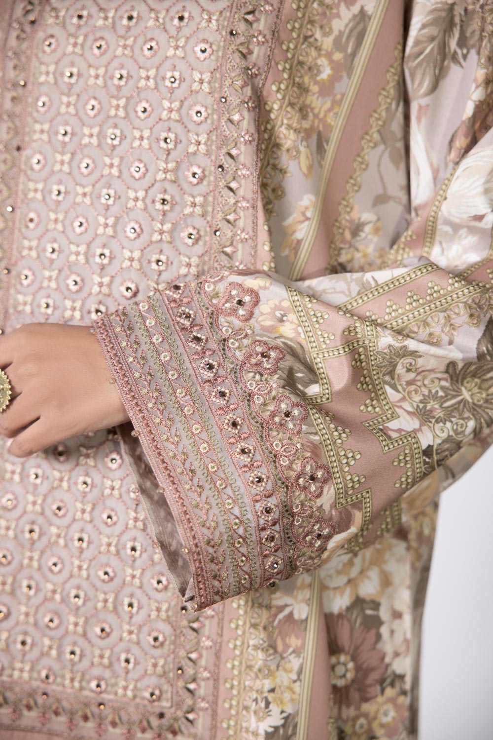 3 Piece - Embroidered Silk Suit - Beige