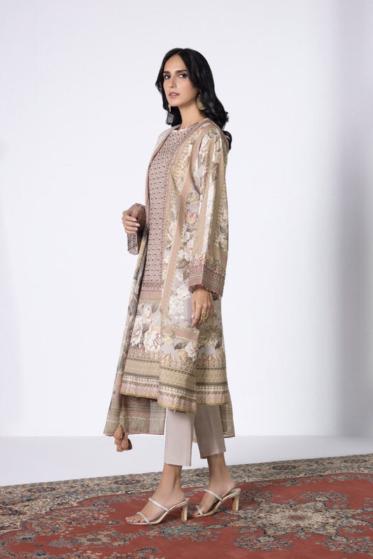 3 Piece - Embroidered Silk Suit - Beige