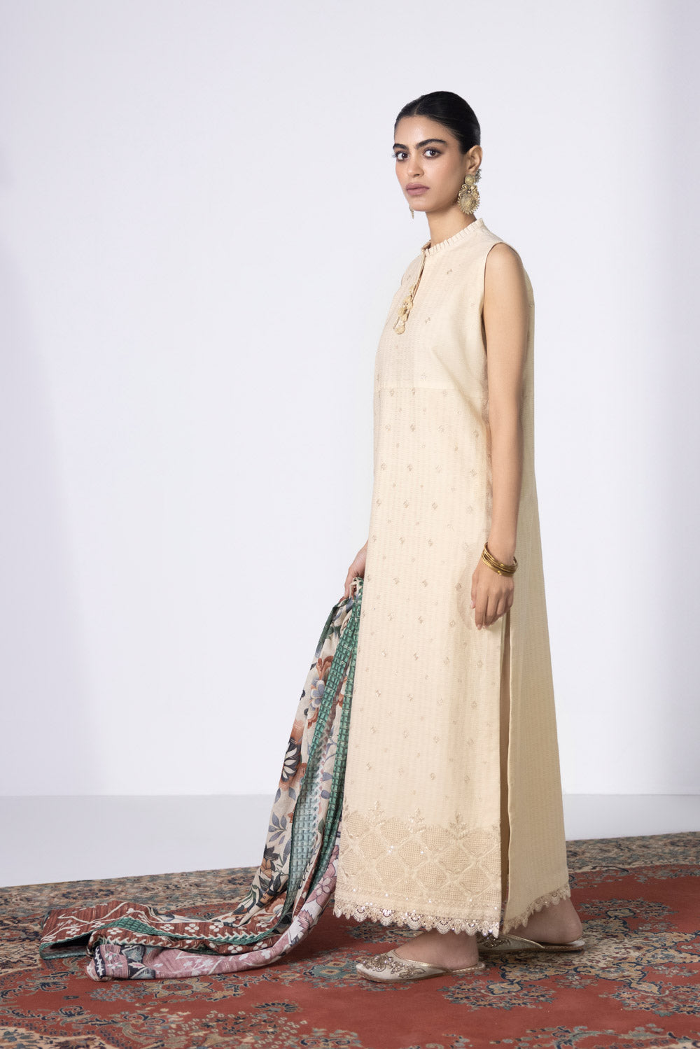 3 Piece - Embroidered Dobby Suit - Off White