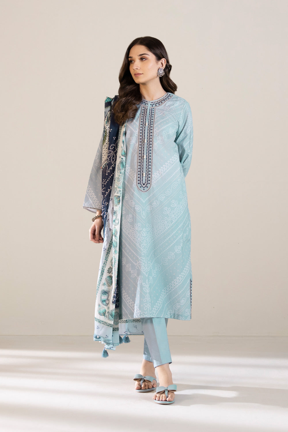 3 Piece - Embroidered Cambric Suit - Ice Blue