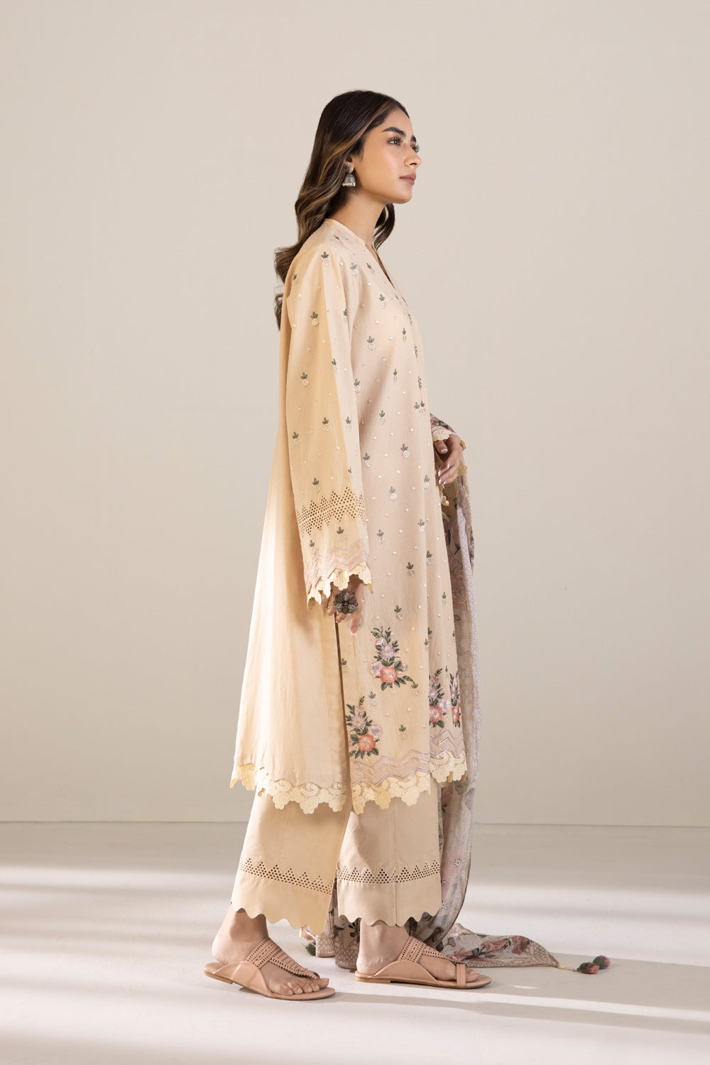 3 Piece - Embroidered Dobby Suit - Off White