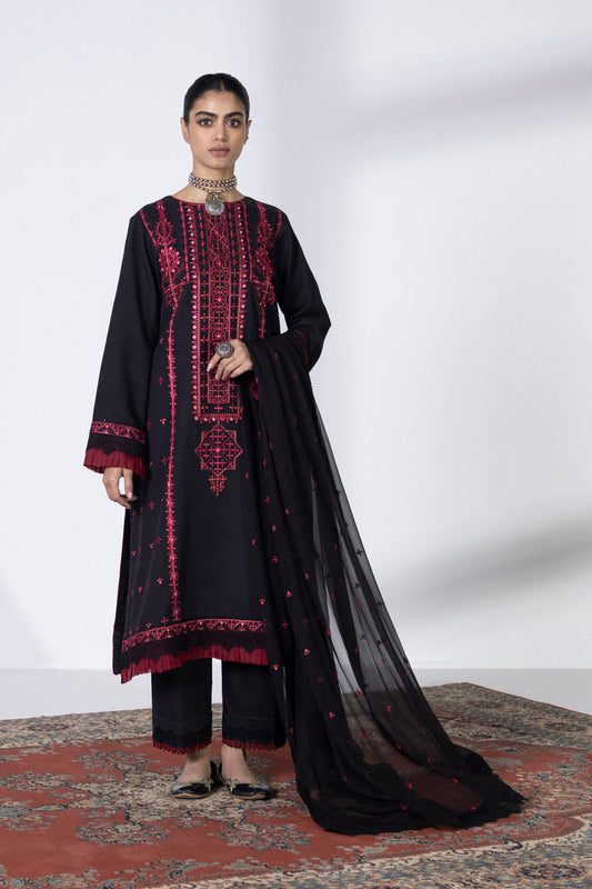 3 Piece - Embroidered Dobby Suit - Black