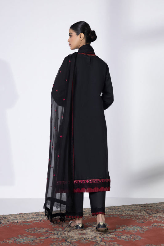 3 Piece - Embroidered Dobby Suit - Black