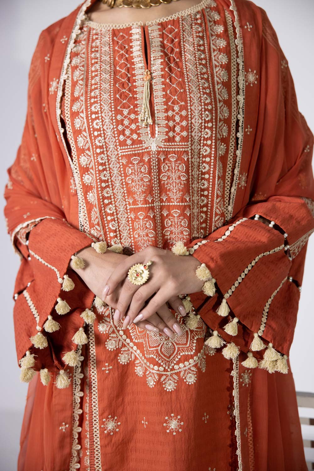 3 Piece - Embroidered Dobby Suit - Rust