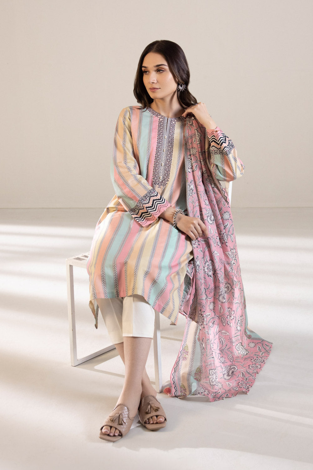 3 Piece - Embroidered Cambric Suit - Off White