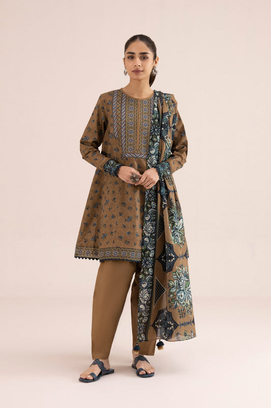 3 Piece - Embroidered Cambric Suit - Brown