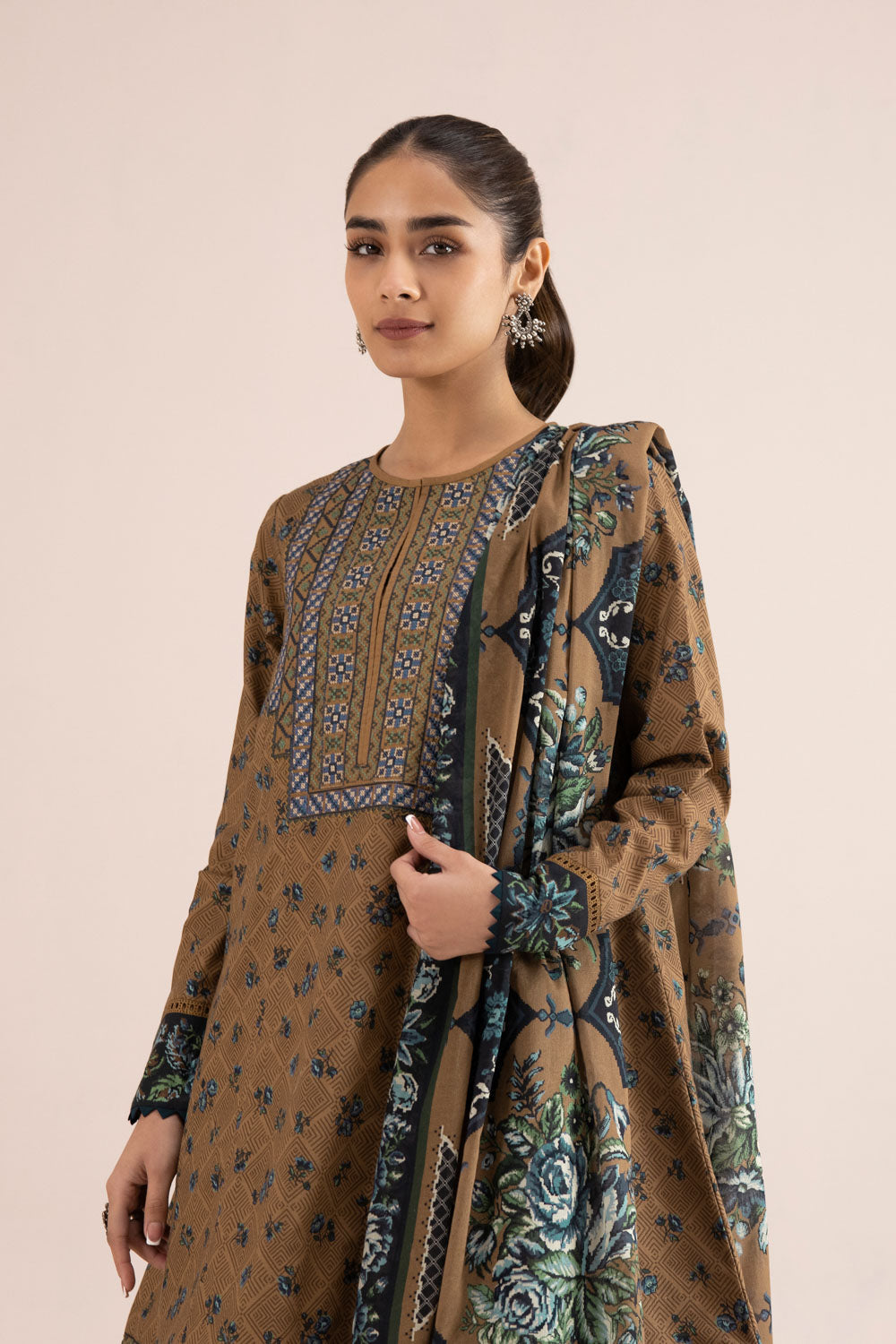 3 Piece - Embroidered Cambric Suit - Brown