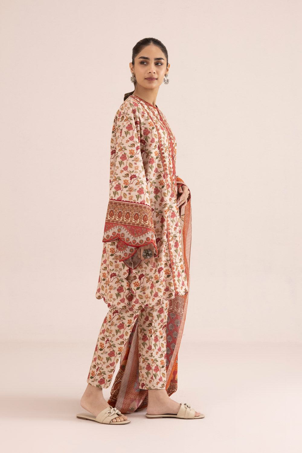 3 Piece - Embroidered Cambric Suit - Off White And Rust