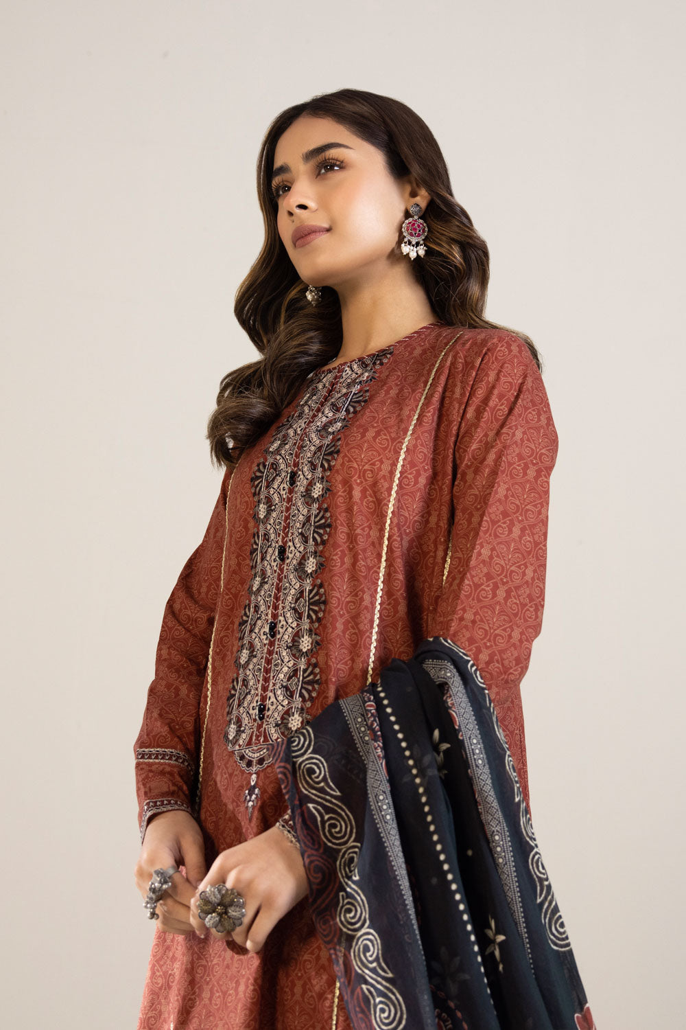 3 Piece - Embroidered Cambric Suit - Maroon