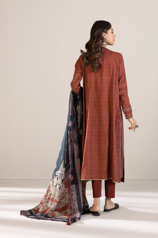 3 Piece - Embroidered Cambric Suit - Maroon