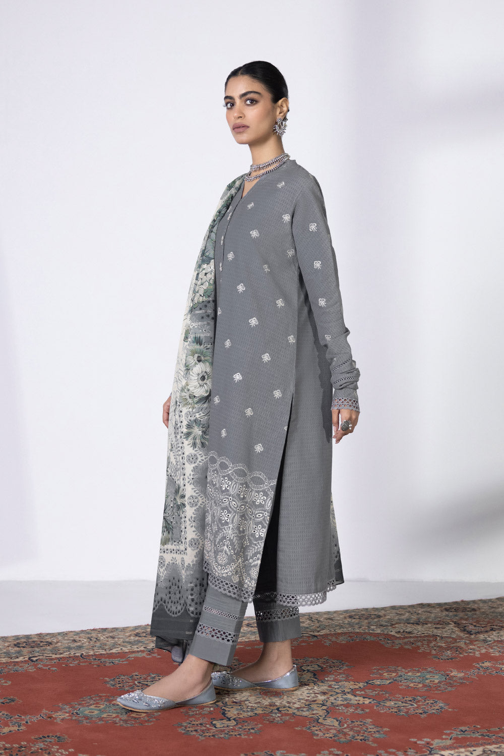 3 Piece - Embroidered Dobby Suit - Grey