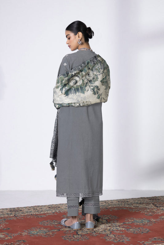 3 Piece - Embroidered Dobby Suit - Grey