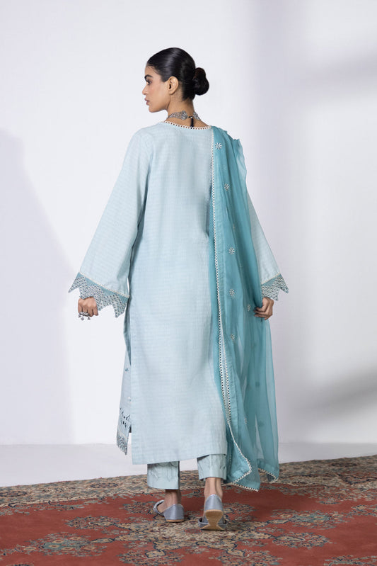3 Piece - Embroidered Dobby Suit - Ice Blue