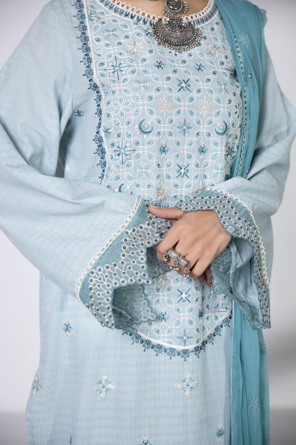 3 Piece - Embroidered Dobby Suit - Ice Blue