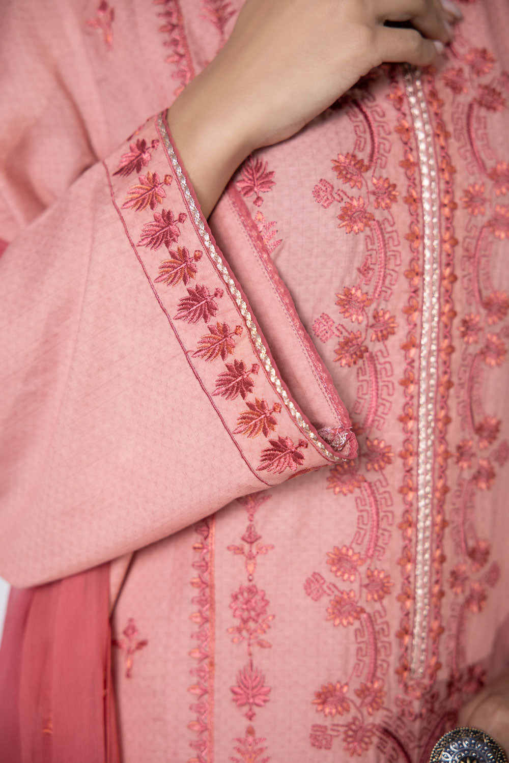 3 Piece - Embroidered Dobby Suit - Peach