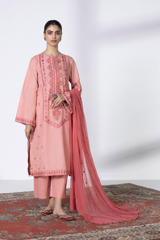 3 Piece - Embroidered Dobby Suit - Peach