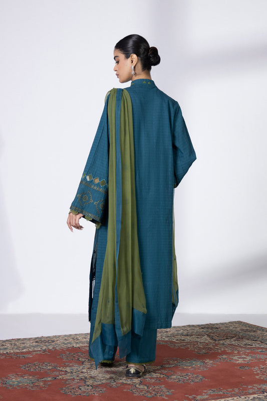 3 Piece - Embroidered Dobby Suit - Blue