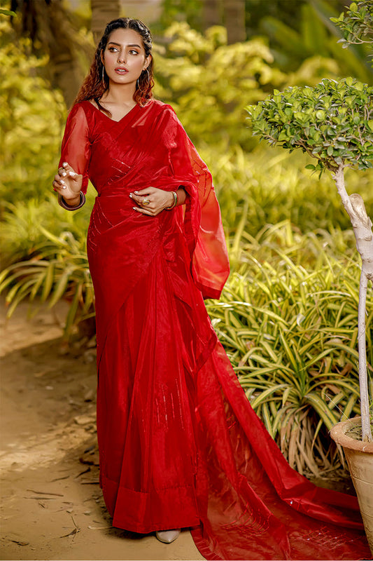 Organza Luxury Saree | TITLIYAN | SR202117 | Ruby Woo Red