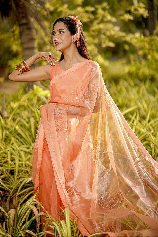 Organza Luxury Saree | TITLIYAN | SR202117 | Melon Orange