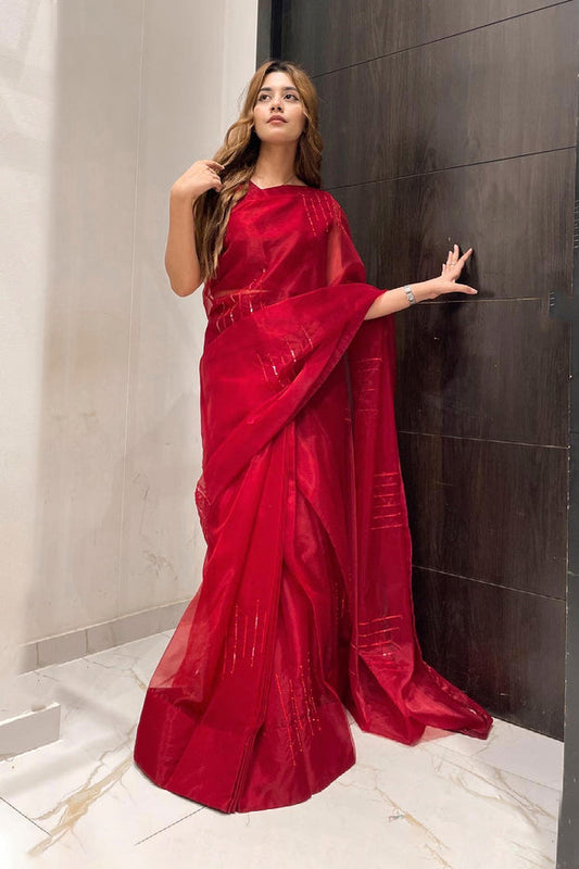 Organza Luxury Saree | TITLIYAN | SR202117 | Ruby Woo Red