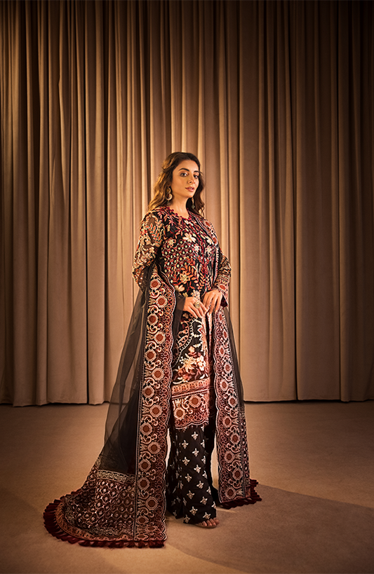 Bagh: Front Open Embroidered Jacket paired with Bootcut Pants