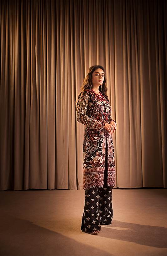 Bagh: Front Open Embroidered Jacket paired with Bootcut Pants