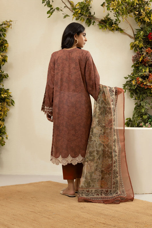 DU-3139 - BROWN - EMBROIDERED LAWN - 3PCS