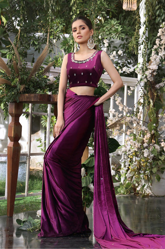 Lorex Boti Embroidered Velvet Luxury Saree | ZEENAT | SR202215 | Mulberry