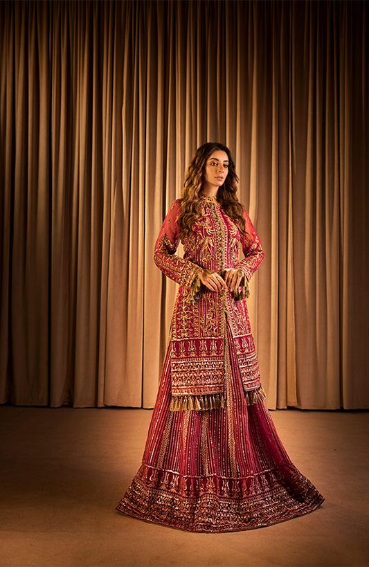 Mohabbat: Front Open Jacket Paired with a Paneled Lehenga