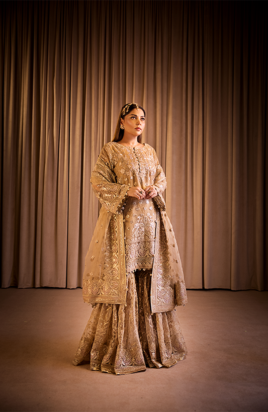 Roshan: Embroidered Straight Shirt Paired with a Farshi Gharara