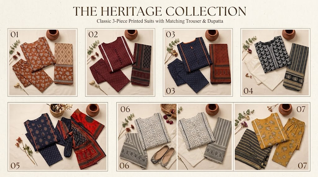 The Heritage Collection- 3pcs Lawn/Cotton Stitched Dresses
