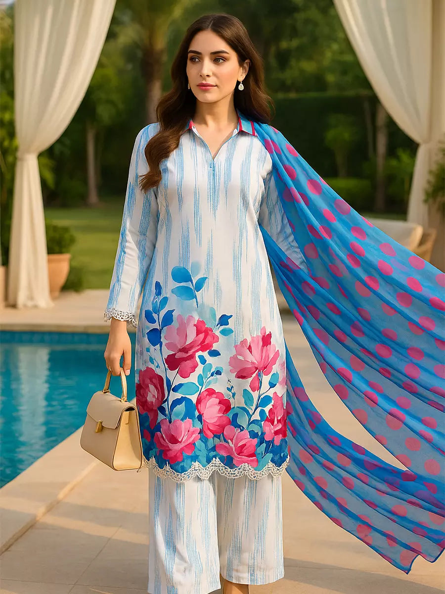 3PC Unstitched Printed Lawn Silk Suit (SUNS7ASI174)