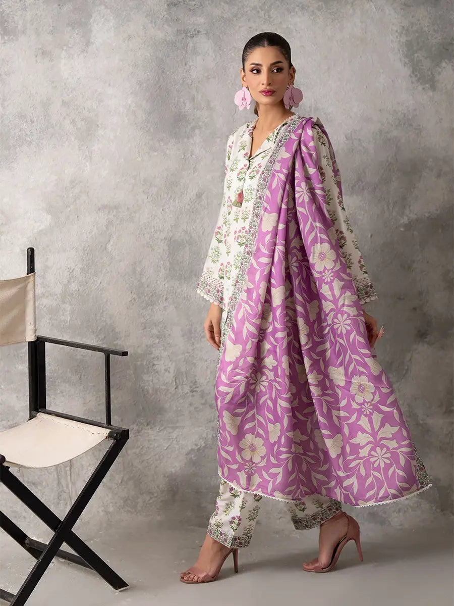 3pc Unstitched - Printed Lawn Silk Suit (ASI032)