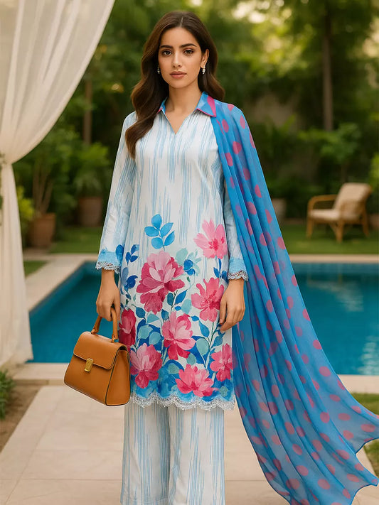 3PC Unstitched Printed Lawn Silk Suit (SUNS7ASI174)