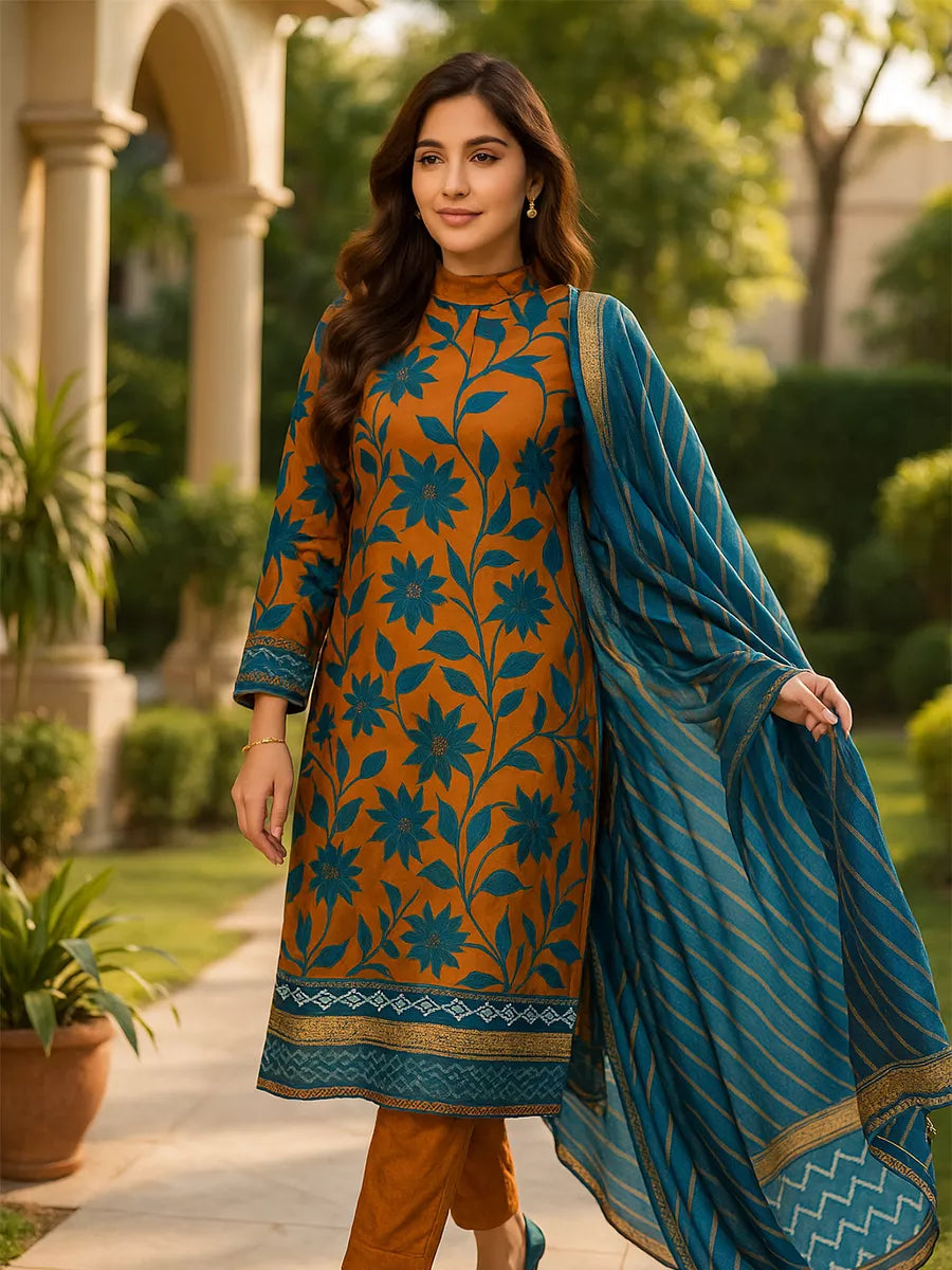 3PC Unstitched Printed Lawn Silk Suit (SUNS7ASI179)