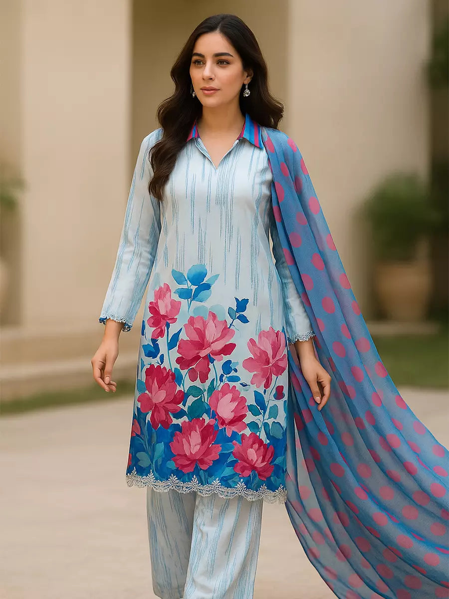 3PC Unstitched Printed Lawn Silk Suit (SUNS7ASI174)
