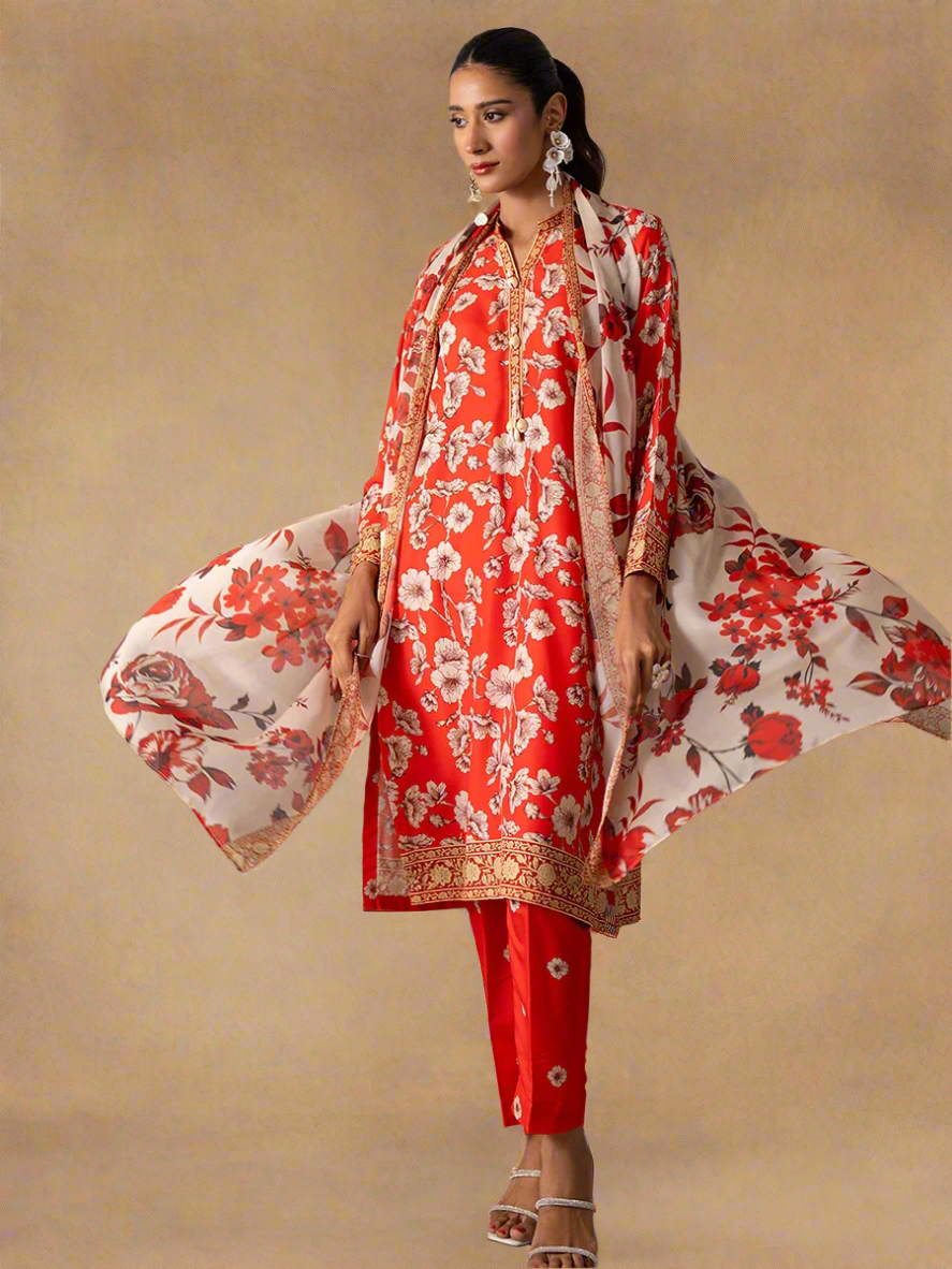 3pc Unstitched - Printed Lawn Silk Suit (ASI035)