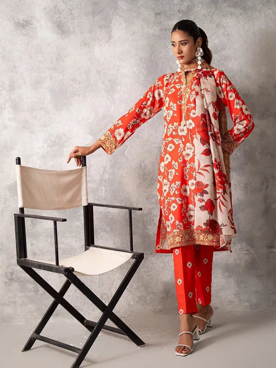 3pc Unstitched - Printed Lawn Silk Suit (ASI035)