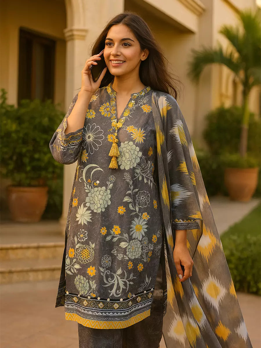 3PC Unstitched Printed Lawn Silk Suit (SUNS7ASI172)